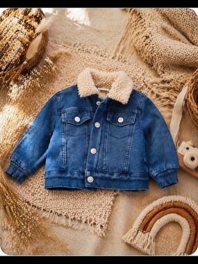 4/$15 Baby Infant Blue Denim Jacket - Cozy Lined Coat Boys Girls 6-9 Months